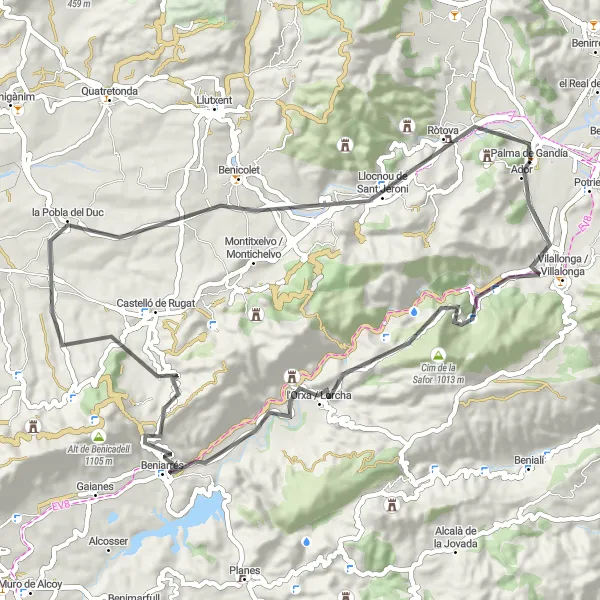 Miniatura mapy "Trasa wokół Palma de Gandía - Ador - Beniarrés - Alt de Pinaro - Ráfol de Salem - la Pobla del Duc - Alfauir" - trasy rowerowej w Comunitat Valenciana, Spain. Wygenerowane przez planer tras rowerowych Tarmacs.app