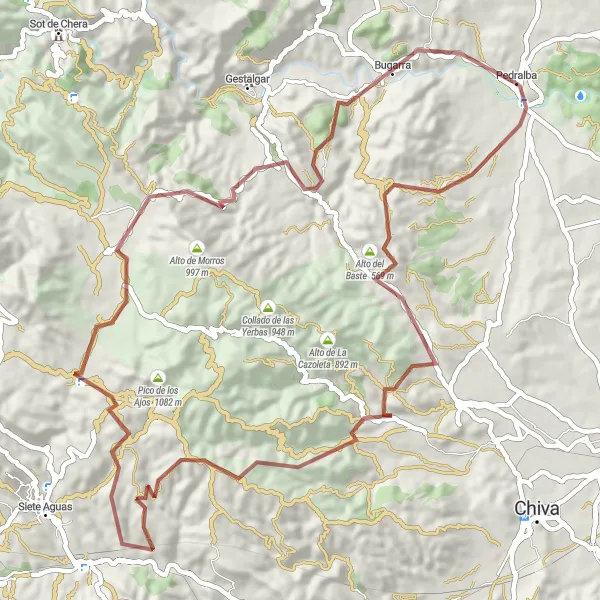 Miniatua del mapa de inspiración ciclista "Ruta en bicicleta de grava cerca de Pedralba" en Comunitat Valenciana, Spain. Generado por Tarmacs.app planificador de rutas ciclistas