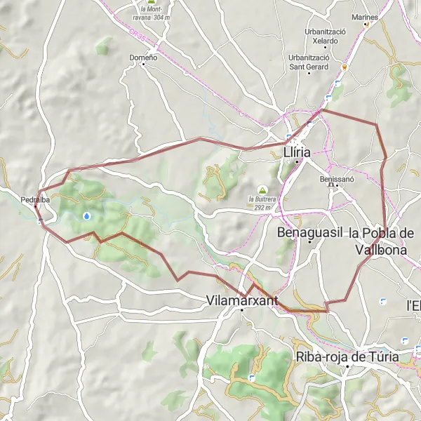 Miniatua del mapa de inspiración ciclista "Ruta en bicicleta de grava cerca de Pedralba" en Comunitat Valenciana, Spain. Generado por Tarmacs.app planificador de rutas ciclistas