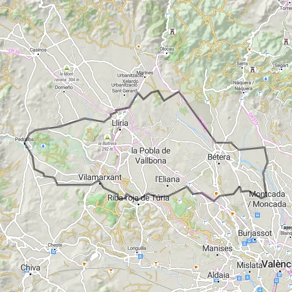 Miniatura della mappa di ispirazione al ciclismo "Giro in bici su strada da Pedralba a Riba-roja de Túria" nella regione di Comunitat Valenciana, Spain. Generata da Tarmacs.app, pianificatore di rotte ciclistiche