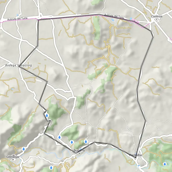 Miniatua del mapa de inspiración ciclista "Ruta Peña Roya - Bugarra - Bodega Vanacloig - Casinos" en Comunitat Valenciana, Spain. Generado por Tarmacs.app planificador de rutas ciclistas