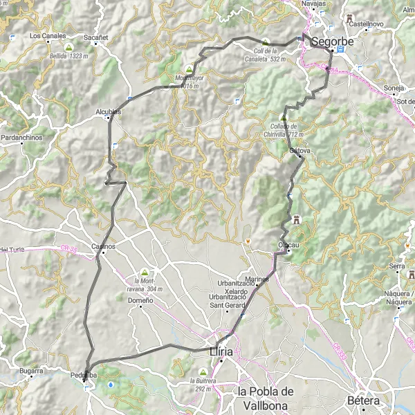 Miniatua del mapa de inspiración ciclista "Ruta Pedralba - Casinos - Alcublas - Montmayor - Coll de la Canaleta - Segorbe - El Pedregal - Castillo del Real - Llíria" en Comunitat Valenciana, Spain. Generado por Tarmacs.app planificador de rutas ciclistas