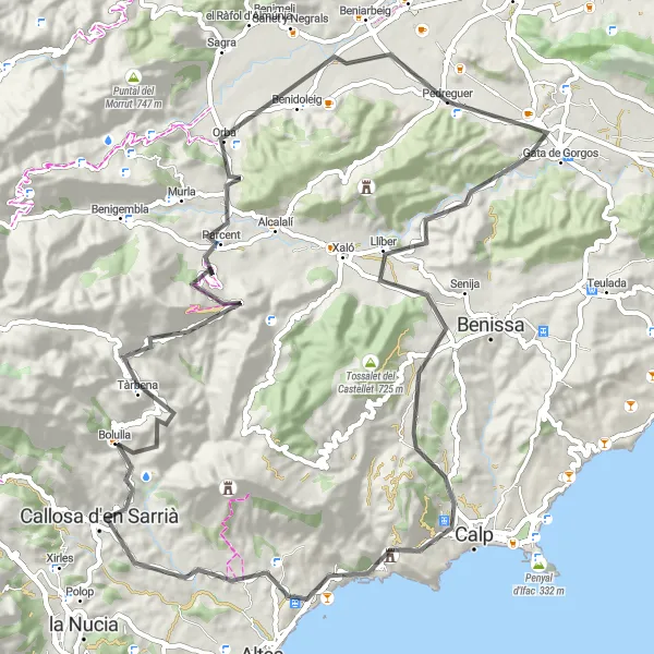 Miniature de la carte de l'inspiration cycliste "La Route des Collines Valencianes" dans la Comunitat Valenciana, Spain. Générée par le planificateur d'itinéraire cycliste Tarmacs.app