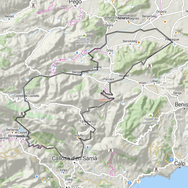Miniature de la carte de l'inspiration cycliste "Le Tour des Châteaux et Embalses" dans la Comunitat Valenciana, Spain. Générée par le planificateur d'itinéraire cycliste Tarmacs.app