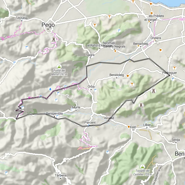 Miniatura della mappa di ispirazione al ciclismo "Giro in bicicletta su strada tra Pedreguer e Sagra" nella regione di Comunitat Valenciana, Spain. Generata da Tarmacs.app, pianificatore di rotte ciclistiche