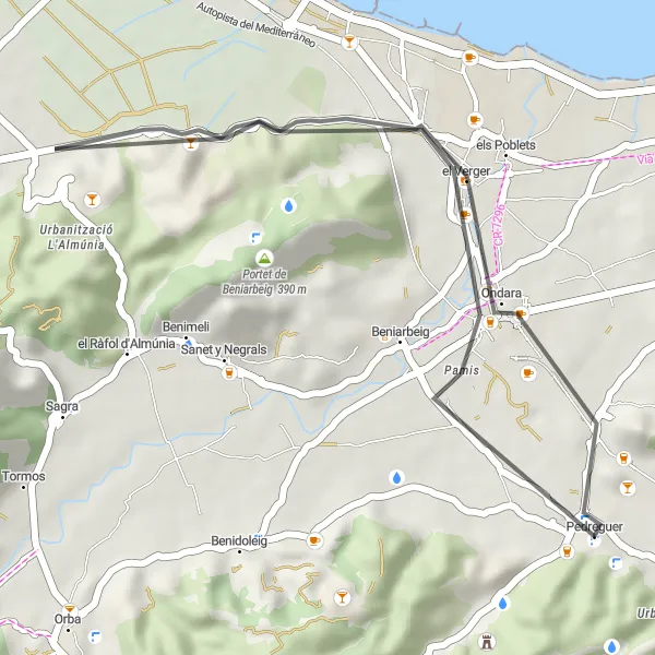 Miniatura della mappa di ispirazione al ciclismo "Scorciatoia panoramica tra Pedreguer e Ondara" nella regione di Comunitat Valenciana, Spain. Generata da Tarmacs.app, pianificatore di rotte ciclistiche