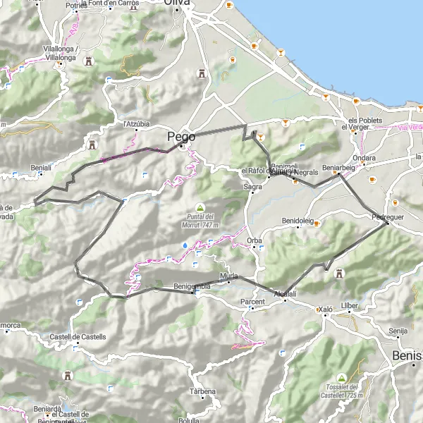 Miniatuurkaart van de fietsinspiratie "Rondrit vanuit Pedreguer naar Alcalalí" in Comunitat Valenciana, Spain. Gemaakt door de Tarmacs.app fietsrouteplanner