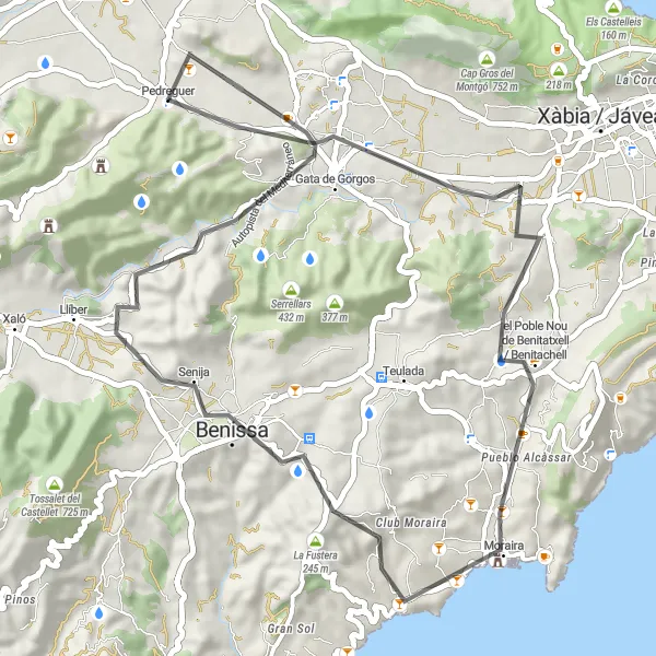 Map miniature of "Pedreguer - Moraira Loop" cycling inspiration in Comunitat Valenciana, Spain. Generated by Tarmacs.app cycling route planner
