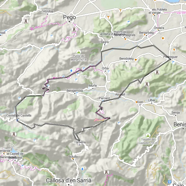 Miniature de la carte de l'inspiration cycliste "Parcours Scénique dans la Région de Pedreguer" dans la Comunitat Valenciana, Spain. Générée par le planificateur d'itinéraire cycliste Tarmacs.app