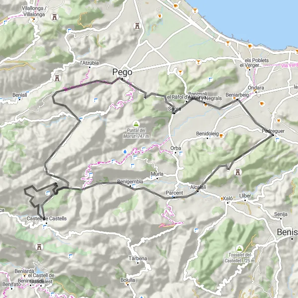 Miniatuurkaart van de fietsinspiratie "Rondje Pedreguer - Torre d’Alcalalí - Benigembla - Castell de Castells - Penya dels Quintos - Alt de Tarrenyes - la Vall d'Ebo - Ambra - Benimeli - Pedreguer" in Comunitat Valenciana, Spain. Gemaakt door de Tarmacs.app fietsrouteplanner