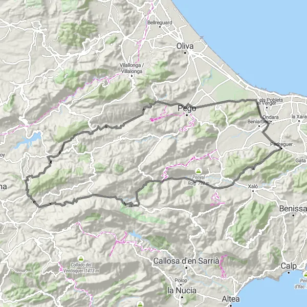 Miniatura della mappa di ispirazione al ciclismo "Il Gran Giro della Val de Pop" nella regione di Comunitat Valenciana, Spain. Generata da Tarmacs.app, pianificatore di rotte ciclistiche