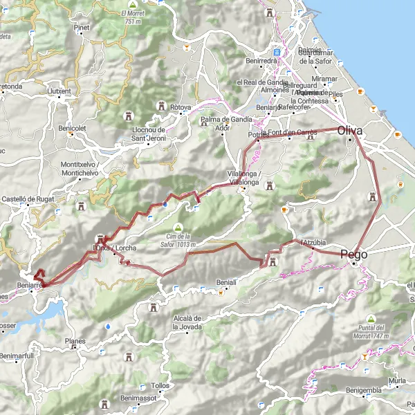 Map miniature of "Beniarrés Mountain Loop" cycling inspiration in Comunitat Valenciana, Spain. Generated by Tarmacs.app cycling route planner