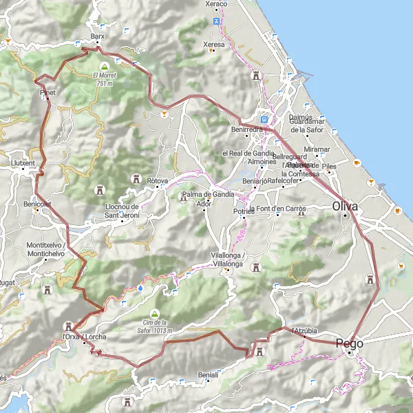 Miniatua del mapa de inspiración ciclista "Ruta en bicicleta de grava de Pego" en Comunitat Valenciana, Spain. Generado por Tarmacs.app planificador de rutas ciclistas