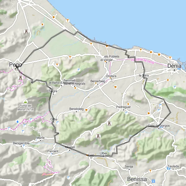 Map miniature of "Almadrava, Coll de Pous, and Gata de Gorgos Loop" cycling inspiration in Comunitat Valenciana, Spain. Generated by Tarmacs.app cycling route planner