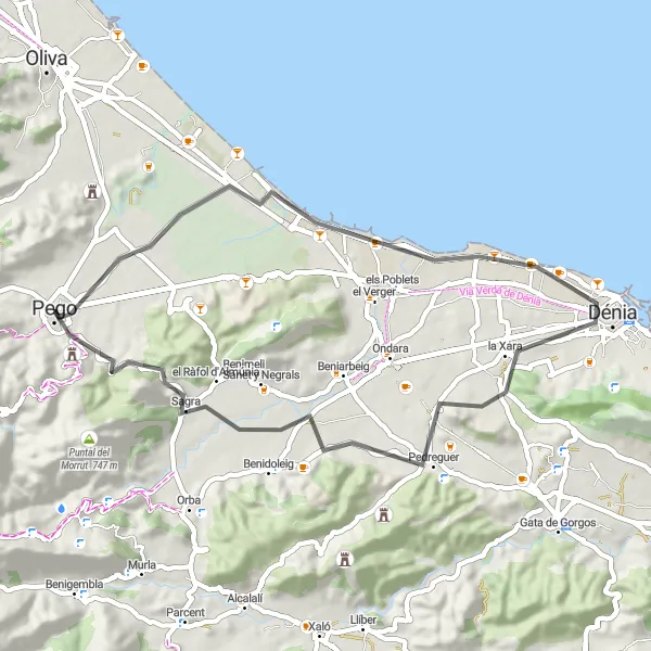 Miniatuurkaart van de fietsinspiratie "Pego - Kust en Platteland" in Comunitat Valenciana, Spain. Gemaakt door de Tarmacs.app fietsrouteplanner