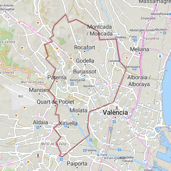 Miniatura della mappa di ispirazione al ciclismo "Giro in bicicletta di 43 km su percorsi sterrati partendo da Picanya" nella regione di Comunitat Valenciana, Spain. Generata da Tarmacs.app, pianificatore di rotte ciclistiche