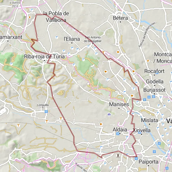 Miniatua del mapa de inspiración ciclista "Ruta en bicicleta de grava cerca de Picanya" en Comunitat Valenciana, Spain. Generado por Tarmacs.app planificador de rutas ciclistas