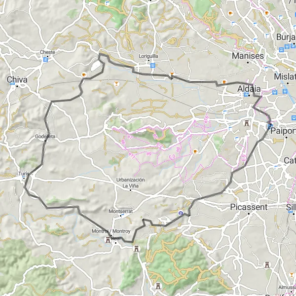 Miniatura della mappa di ispirazione al ciclismo "Il Giro dei Villaggi nei Dintorni di Picanya" nella regione di Comunitat Valenciana, Spain. Generata da Tarmacs.app, pianificatore di rotte ciclistiche