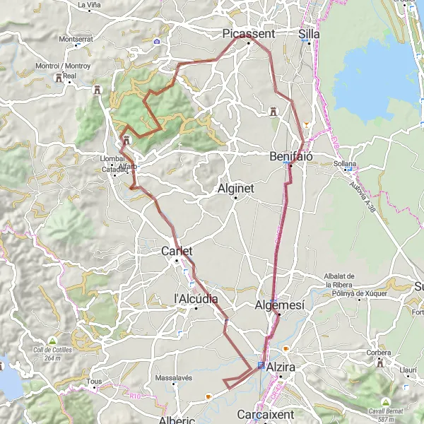 Map miniature of "Gravel Adventure: Benifaió to Alfarb" cycling inspiration in Comunitat Valenciana, Spain. Generated by Tarmacs.app cycling route planner