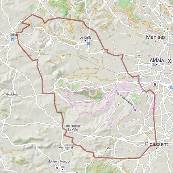 Miniatura della mappa di ispirazione al ciclismo "Giro in bicicletta a Picassent e dintorni" nella regione di Comunitat Valenciana, Spain. Generata da Tarmacs.app, pianificatore di rotte ciclistiche