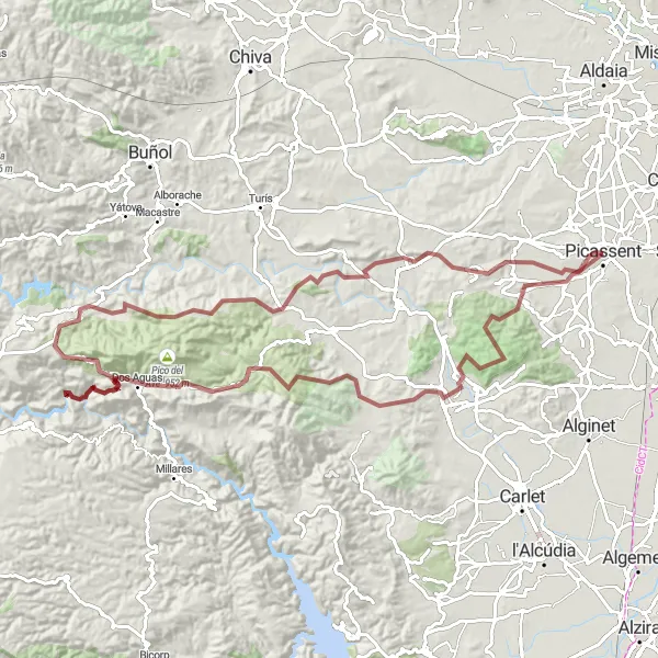 Miniaturní mapa "Gravelová dobrodružná výprava kolem Picassentu" inspirace pro cyklisty v oblasti Comunitat Valenciana, Spain. Vytvořeno pomocí plánovače tras Tarmacs.app