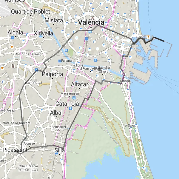 Map miniature of "Picturesque Road Cycling Loop through Valencia's Outskirts" cycling inspiration in Comunitat Valenciana, Spain. Generated by Tarmacs.app cycling route planner