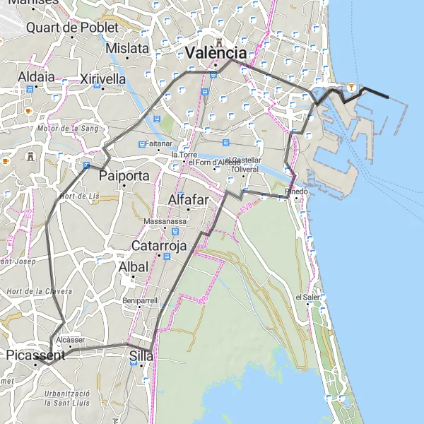 Miniatuurkaart van de fietsinspiratie "Rondrit door Picanya en Valencia" in Comunitat Valenciana, Spain. Gemaakt door de Tarmacs.app fietsrouteplanner