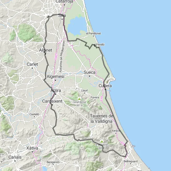 Miniaturní mapa "Road bike skrz La Albufera a Barx" inspirace pro cyklisty v oblasti Comunitat Valenciana, Spain. Vytvořeno pomocí plánovače tras Tarmacs.app