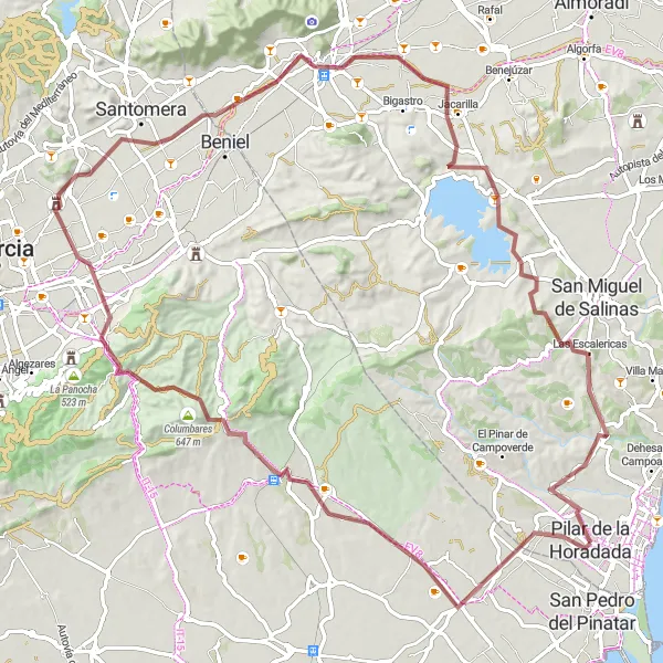 Miniatura mapy "Trasa gravelowa: Sucina – Columbares – Castillo de Monteagudo – Las Norias Gemelas – Orihuela" - trasy rowerowej w Comunitat Valenciana, Spain. Wygenerowane przez planer tras rowerowych Tarmacs.app