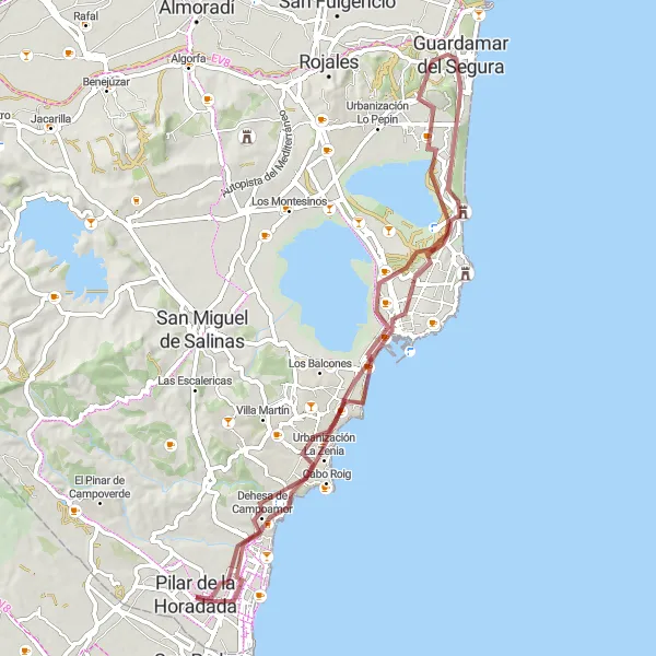 Karten-Miniaturansicht der Radinspiration "Gravelroute entlang der Küste von Cabo Roig bis Mil Palmeras" in Comunitat Valenciana, Spain. Erstellt vom Tarmacs.app-Routenplaner für Radtouren