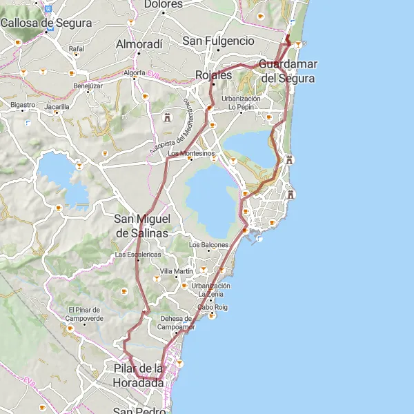 Miniature de la carte de l'inspiration cycliste "Les montagnes et les plages de la Costa Blanca" dans la Comunitat Valenciana, Spain. Générée par le planificateur d'itinéraire cycliste Tarmacs.app