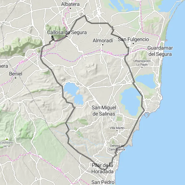 Miniaturní mapa "Road Okruh Hurchillo - Pilar de la Horadada" inspirace pro cyklisty v oblasti Comunitat Valenciana, Spain. Vytvořeno pomocí plánovače tras Tarmacs.app
