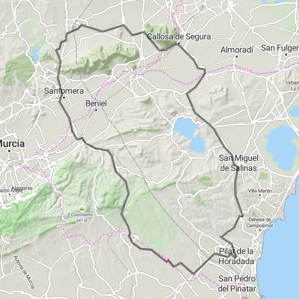 Miniatua del mapa de inspiración ciclista "Ruta de ciclismo de carretera desde Pilar de la Horadada" en Comunitat Valenciana, Spain. Generado por Tarmacs.app planificador de rutas ciclistas