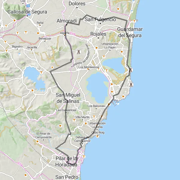 Miniatuurkaart van de fietsinspiratie "Pilar de la Horadada - Guardamar del Segura - Mirador El Moncayo - Torrevieja - Pilar de la Horadada" in Comunitat Valenciana, Spain. Gemaakt door de Tarmacs.app fietsrouteplanner