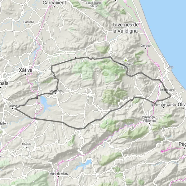 Miniature de la carte de l'inspiration cycliste "Parcours routier d'Almiserà à Gandia" dans la Comunitat Valenciana, Spain. Générée par le planificateur d'itinéraire cycliste Tarmacs.app