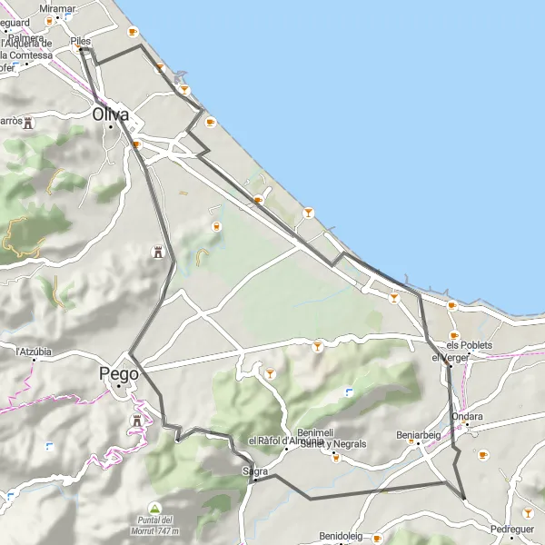 Miniatura della mappa di ispirazione al ciclismo "Perfetta Escursione di 53 km a Piles e Oliva" nella regione di Comunitat Valenciana, Spain. Generata da Tarmacs.app, pianificatore di rotte ciclistiche