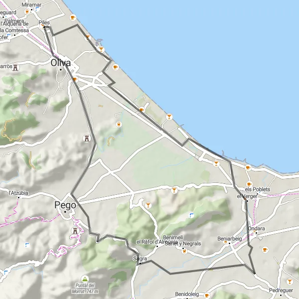 Map miniature of "Leisurely Ride through Valencian Coastal Towns" cycling inspiration in Comunitat Valenciana, Spain. Generated by Tarmacs.app cycling route planner