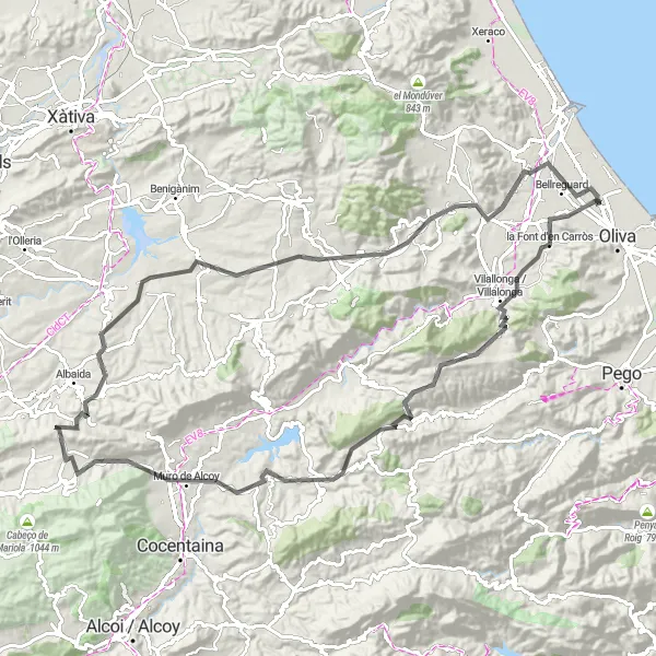 Miniatuurkaart van de fietsinspiratie "Rondrit vanaf Piles (Comunitat Valenciana, Spanje) - Wegroute" in Comunitat Valenciana, Spain. Gemaakt door de Tarmacs.app fietsrouteplanner