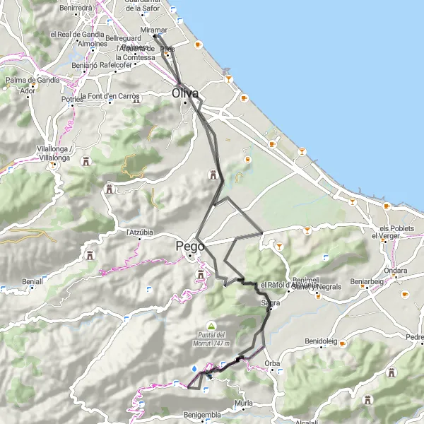 Miniature de la carte de l'inspiration cycliste "Tour des Vallées: Oliva - la Vall de Laguar" dans la Comunitat Valenciana, Spain. Générée par le planificateur d'itinéraire cycliste Tarmacs.app