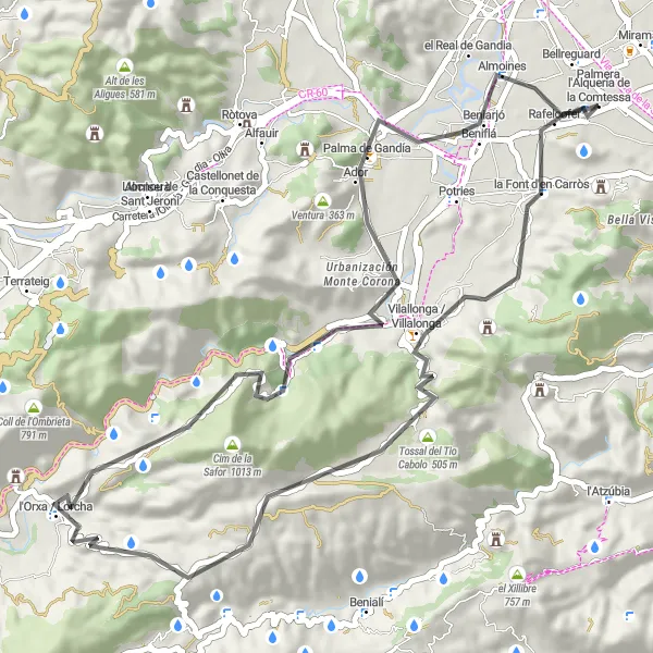 Miniatua del mapa de inspiración ciclista "Ruta en bicicleta de carretera desde Piles" en Comunitat Valenciana, Spain. Generado por Tarmacs.app planificador de rutas ciclistas