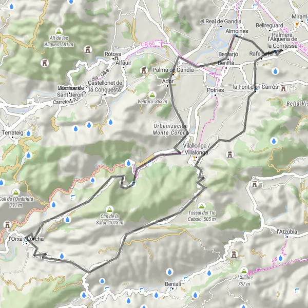 Map miniature of "Rural Delights and Historic Villages" cycling inspiration in Comunitat Valenciana, Spain. Generated by Tarmacs.app cycling route planner