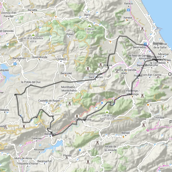 Miniatura mapy "Wycieczka w okolicach Beniflá" - trasy rowerowej w Comunitat Valenciana, Spain. Wygenerowane przez planer tras rowerowych Tarmacs.app