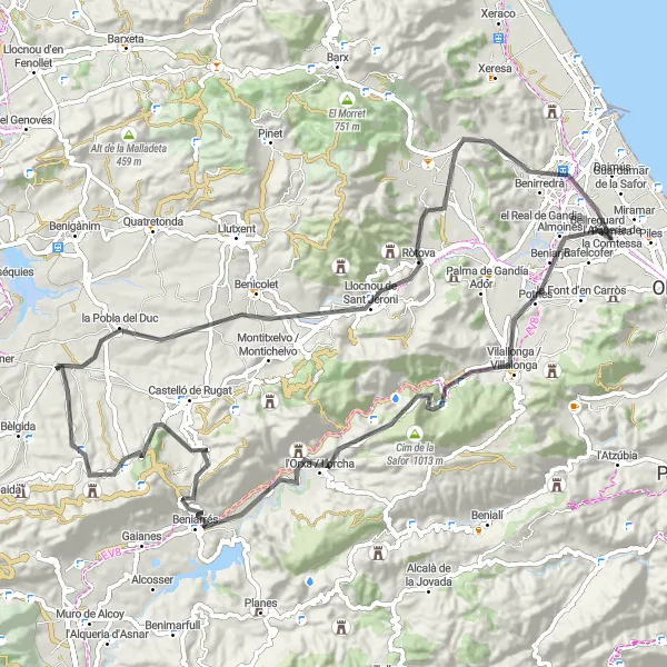 Miniatuurkaart van de fietsinspiratie "Rondrit vanaf Piles (Comunitat Valenciana, Spanje) - Wegroute" in Comunitat Valenciana, Spain. Gemaakt door de Tarmacs.app fietsrouteplanner