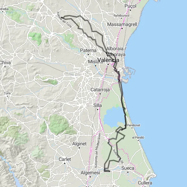 Miniaturní mapa "Silniční cyklotrasa s výstupem 495 m a délkou 140 km" inspirace pro cyklisty v oblasti Comunitat Valenciana, Spain. Vytvořeno pomocí plánovače tras Tarmacs.app