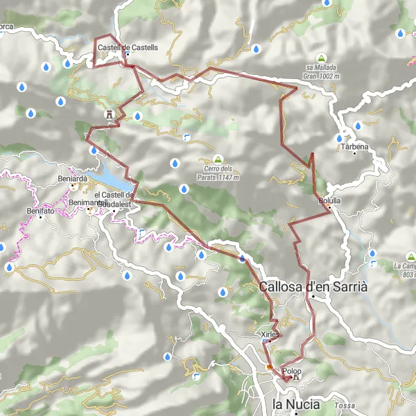 Miniature de la carte de l'inspiration cycliste "Aventure gravel autour de Guadalest" dans la Comunitat Valenciana, Spain. Générée par le planificateur d'itinéraire cycliste Tarmacs.app