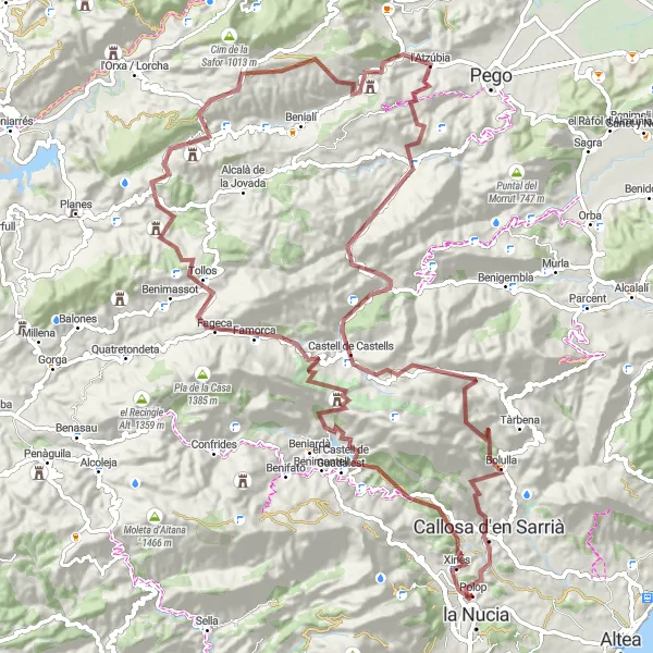 Karten-Miniaturansicht der Radinspiration "Malerisches Bergdorf im Hinterland" in Comunitat Valenciana, Spain. Erstellt vom Tarmacs.app-Routenplaner für Radtouren