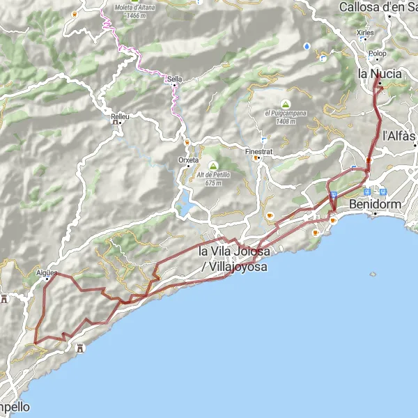 Miniature de la carte de l'inspiration cycliste "Exploration des sentiers gravel de la Costa Blanca" dans la Comunitat Valenciana, Spain. Générée par le planificateur d'itinéraire cycliste Tarmacs.app