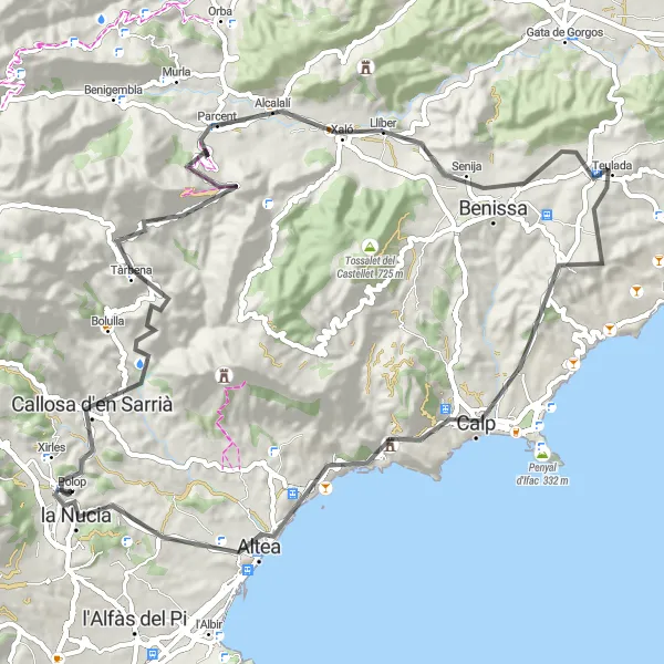 Miniatura mapy "Malownicza trasa rowerowa przez Góry Aitana" - trasy rowerowej w Comunitat Valenciana, Spain. Wygenerowane przez planer tras rowerowych Tarmacs.app