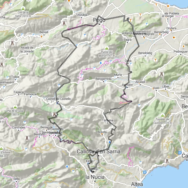 Karten-Miniaturansicht der Radinspiration "Ansprechende Küstenlandschaft und sportliche Herausforderungen" in Comunitat Valenciana, Spain. Erstellt vom Tarmacs.app-Routenplaner für Radtouren