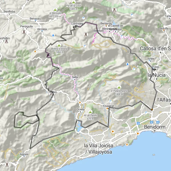 Miniatua del mapa de inspiración ciclista "Ruta de ciclismo de carretera desde Polop" en Comunitat Valenciana, Spain. Generado por Tarmacs.app planificador de rutas ciclistas